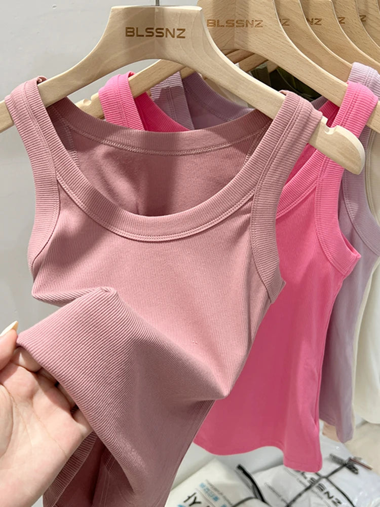 Women Solid Round Neck Ribbed Tank Top Elastic Tank