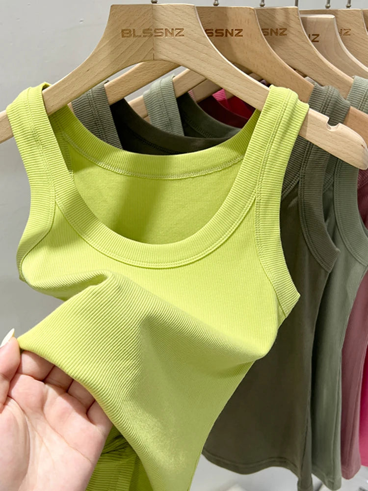 Women Solid Round Neck Ribbed Tank Top Elastic Tank