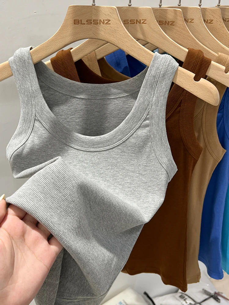 Women Solid Round Neck Ribbed Tank Top Elastic Tank