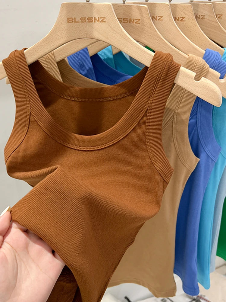 Women Solid Round Neck Ribbed Tank Top Elastic Tank