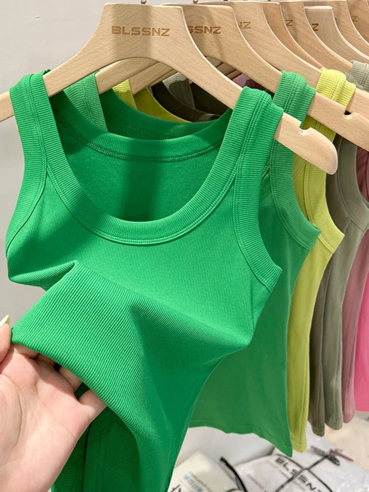 Women Solid Round Neck Ribbed Tank Top Elastic Tank