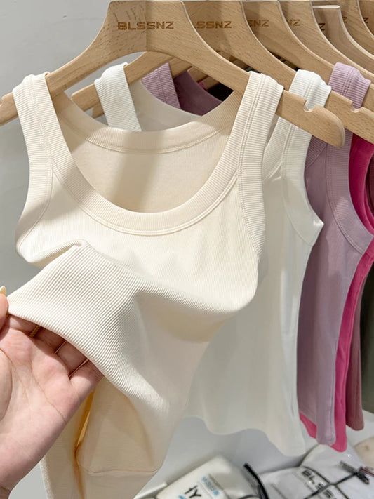 Women Solid Round Neck Ribbed Tank Top Elastic Tank