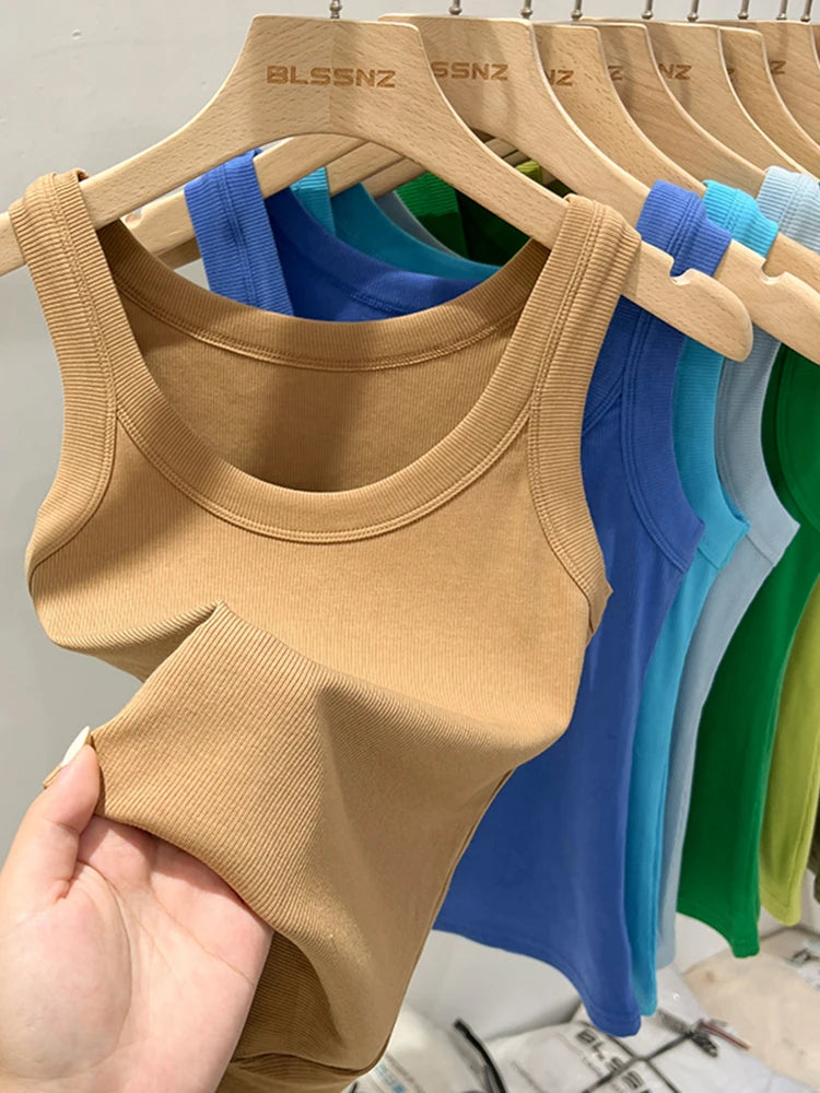 Women Solid Round Neck Ribbed Tank Top Elastic Tank
