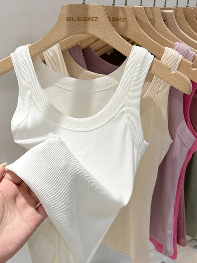 Women Solid Round Neck Ribbed Tank Top Elastic Tank