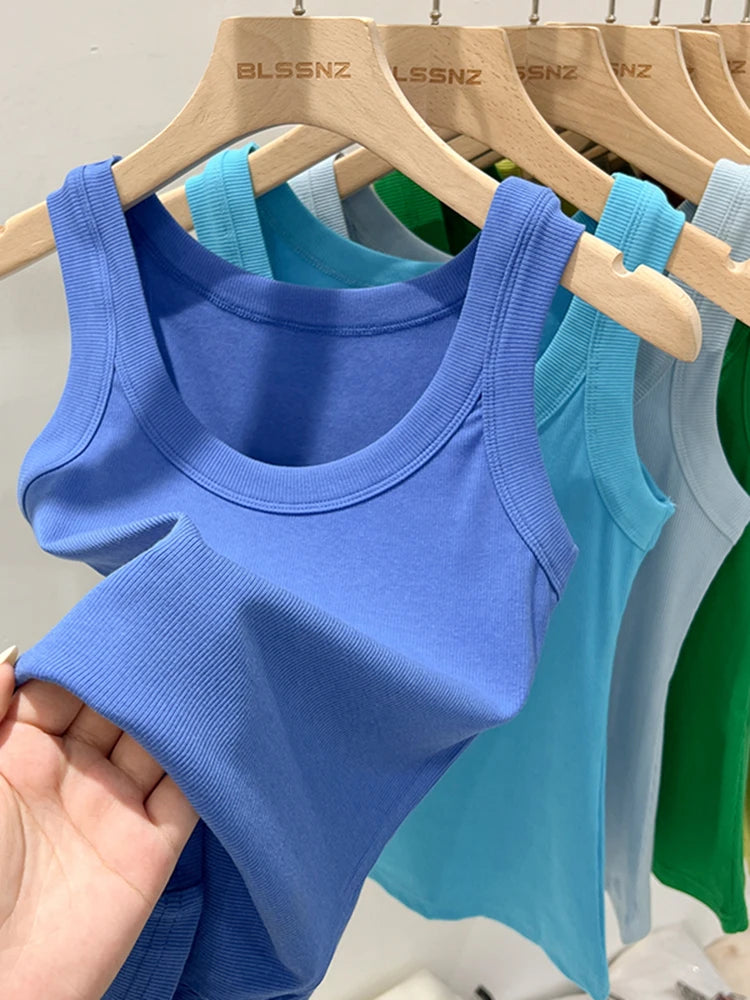 Women Solid Round Neck Ribbed Tank Top Elastic Tank