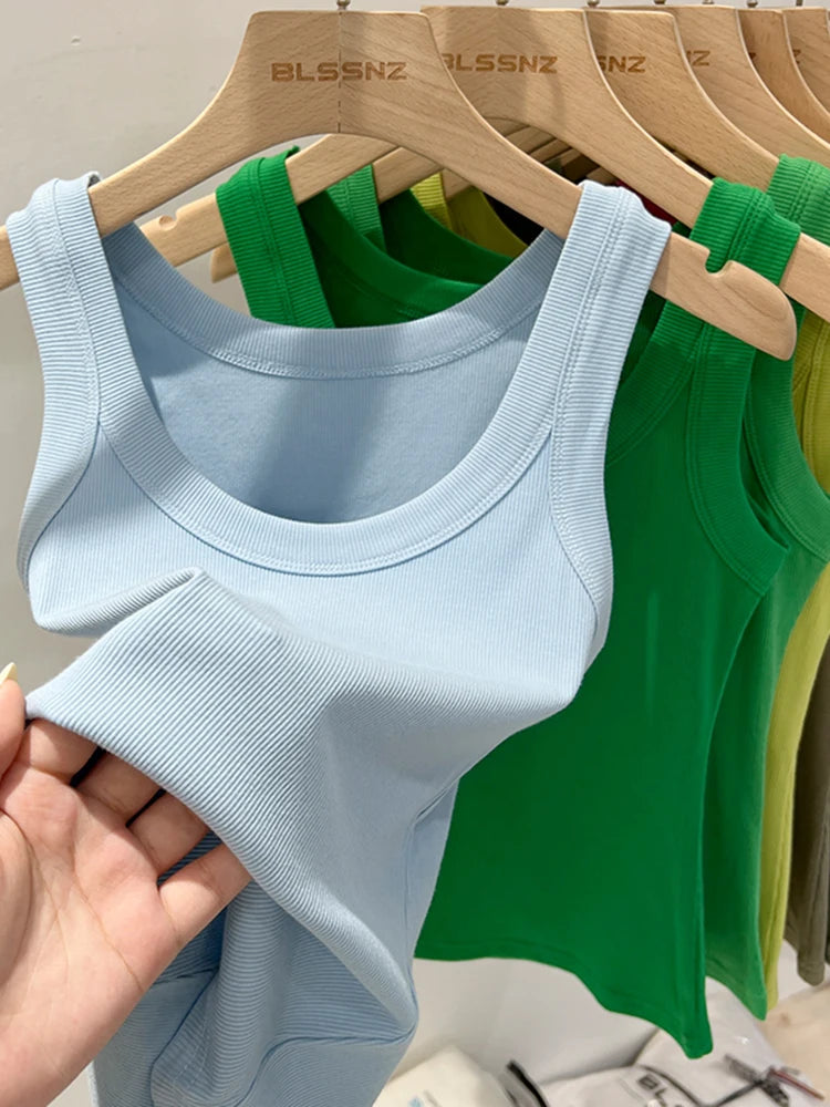 Women Solid Round Neck Ribbed Tank Top Elastic Tank
