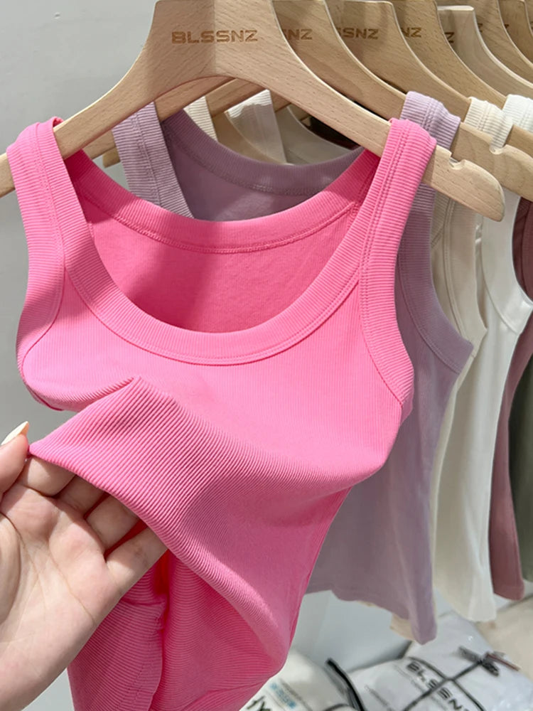 Women Solid Round Neck Ribbed Tank Top Elastic Tank